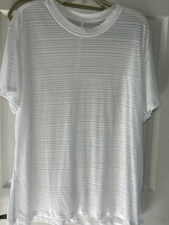 Tops - White Gray Stripe Semi‑Sheer Athletic Short Sleeve Tee Yoga Active Top Women’s